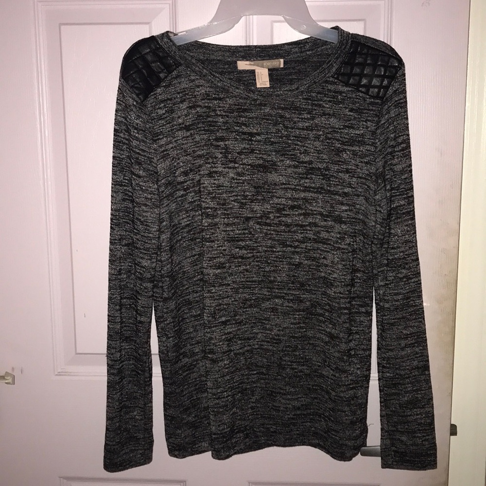 Forever 21 Black Grey Leather Knit Sweater Blouse